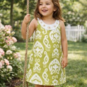 Gymboree Batik Print Girls Dress Size 5 Linen Sheath Green White